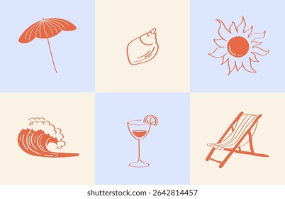 Vintage square set of elements with umbrella, sun, drink, shell, wave and chaise lounge in pastel colors in retro style
