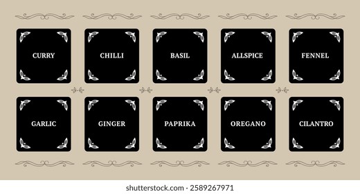 vintage square spice stickers with leaf decoration large set. a sticker pack for the kitchen pantry and spice storage screen. curry, basil, paprika, oregano