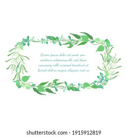 Vintage Squarish Frame with Rounded Corners and Hand Drawn Culinary Herbals. Colored in Blue Green Colors Herbs with no Contour. Vector Illustration for Culinary and other Products, Posters, Designs.