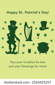 Vintage St. Patrick’s Day postcard with leprechauns, clovers, and Irish decor