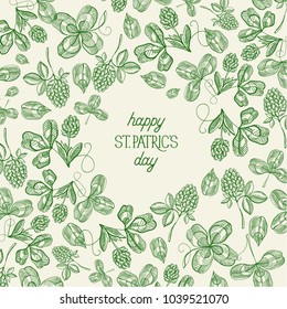 Vintage St Patricks Day green template with inscription sketch irish shamrock and four leaf clover vector illustration