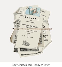 A vintage stack of old sheet music and documents, featuring aged paper and classic typography. The stack includes musical notes and historical text, evoking nostalgia. Vintage art illustration, vector