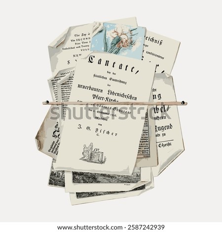 A vintage stack of old sheet music and documents, featuring aged paper and classic typography. The stack includes musical notes and historical text, evoking nostalgia. Vintage art illustration, vector