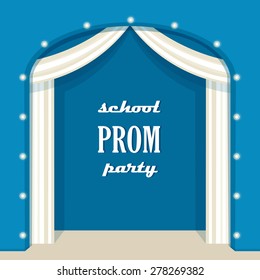 Vintage Stage with Marquee Lights and Curtains. School Prom Party Sign