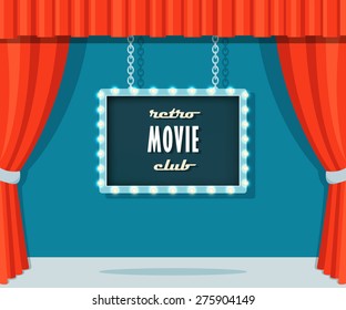 Vintage Stage with Red Curtains and Marquee Sign Retro Movie Club.