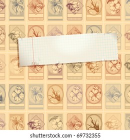 Vintage stamp background with torn notebook paper