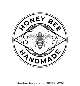 Vintage Stamp Bee Animal Drawing Hipster Rustic Logo Vector Illustration Template Icon Design