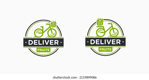 Vintage Stamp Bicycle Bike Cycle Delivery Courier Food Healthy Fruits Vegetable Organic Vector Logo Design