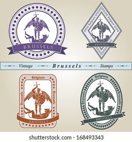 Vintage stamp from Brussels in four colors editable vector file