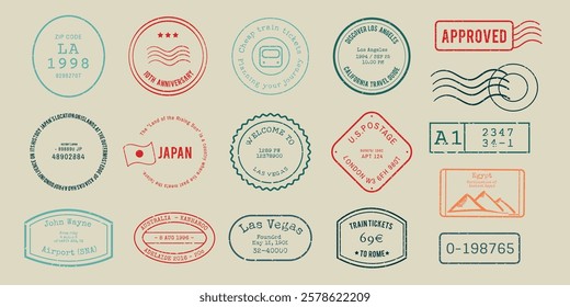 Vintage stamp collection with diverse designs. Stamps feature travel themes, approval marks, and postal elements. Perfect for vintage, travel, and postal enthusiasts. Element vector collection.