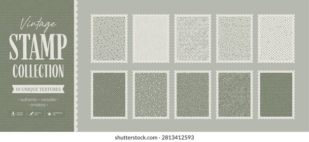 Vintage stamp collection vector cover on a muted sage background. Perforated postal frames and textured stamp samples create a classic philatelic presentation layout.