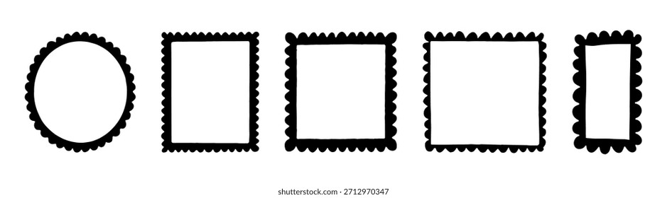 Vintage stamp frame set with black hand drawn borders in round and square shapes on transparent background