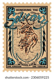 Vintage Stamp inspired Poster and T Shirt Design Colorful Tiger Illustration with Custom Typographic Slogan and Wordings