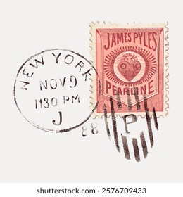 Vintage stamp with 'James Pyles Pearline' design, featuring a postmark from New York. The stamp and postmark evoke a nostalgic, vintage feel. Vintage illustration isolated on white, vector.
