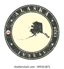 Vintage stamp with map of  Alaska. Stylized badge with the name of the State, year of creation, the contour maps and the names abbreviations . Vector illustration