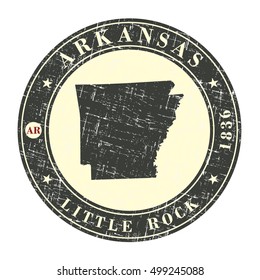 Vintage stamp with map of Arkansas. Stylized badge with the name of the State, year of creation, the contour maps and the names abbreviations . Vector illustration