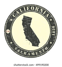 Vintage stamp with map of California. Stylized badge with the name of the State, year of creation, the contour maps and the names abbreviations . Vector illustration