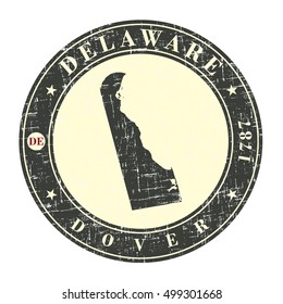 Vintage stamp with map of  Delaware. Stylized badge with the name of the State, year of creation, the contour maps and the names abbreviations . Vector illustration