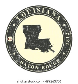 Vintage stamp with map of Louisiana. Stylized badge with the name of the State, year of creation, the contour maps and the names abbreviations . Vector illustration