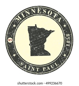 Vintage stamp with map of Minnesota. Stylized badge with the name of the State, year of creation, the contour maps and the names abbreviations . Vector illustration