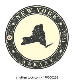 Vintage stamp with map of  New  York. Stylized badge with the name of the State, year of creation, the contour maps and the names abbreviations . Vector illustration