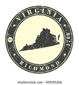 Vintage stamp with map of  Virginia. Stylized badge with the name of the State, year of creation, the contour maps and the names abbreviations . Vector illustration