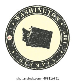 Vintage stamp with map of Washington. Stylized badge with the name of the State, year of creation, the contour maps and the names abbreviations . Vector illustration