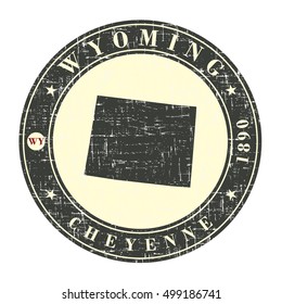 Vintage stamp with map of Wyoming. Stylized badge with the name of the State, year of creation, the contour maps and the names abbreviations . Vector illustration