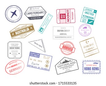 Vintage stamp in passport for traveling an open passport. International arrival departure airplane visa stamps set london, amsterdam, australia, malaysia, turkey, new york, germany, china vector