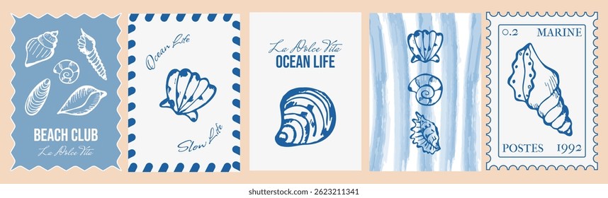Vintage Stamp set with Doodle or Hand Drawn Shells and Italian Cute Handwritten Typography. Wall Art Summer Postcard Stamp with Ocean Sea Elements. Beach Frame or Border Element Sketch Shells Design.