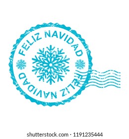 Vintage stamp with sign Feliz Navidad. Christmas stamp. Illustration of old stamp with snowflakes. Stamp for cards and letters.  