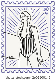 Vintage stamp or sticker print set, wall art vector travel postcard, summer engraving placard or poster. Retro frame or border element design, elegant scenes of surfer, lobster, yacht and beach villa.