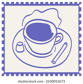 Vintage stamp or sticker print, wall art vector travel postcard, summer engraving placard or poster. Retro frame or border element design with coffee for brunch or breakfast menu design.