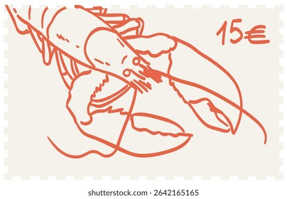 Vintage stamp or sticker print, wall art vector travel postcard, summer engraving placard or poster. Retro frame or border element design with lobster or crawfish perfect for interior, cards and menus