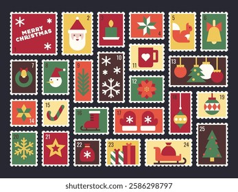 Vintage Stamp Style Advent Calendar with Christmas Icons and Festive Imagery Vector Illustration