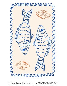 Vintage stamp summer Italy la dolce vita. Amalfi or Sicily of vector postage stamps or sticker print. Retro frame or border element design with sardines perfect for interior or menu design. 