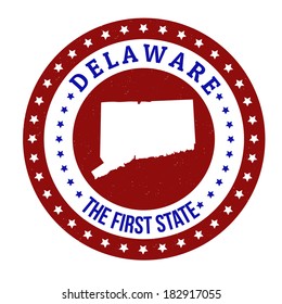 Vintage stamp with text The First State written inside and map of Delaware, vector illustration