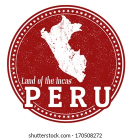 Vintage stamp with text Land of the Incas written inside and map of Peru, vector illustration