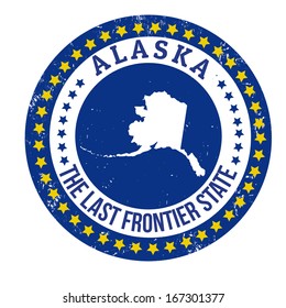 Vintage stamp with text The Last Frontier State written inside and map of Alaska, vector illustration