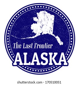 Vintage stamp with text The Last Frontier written inside and map of Alaska, vector illustration