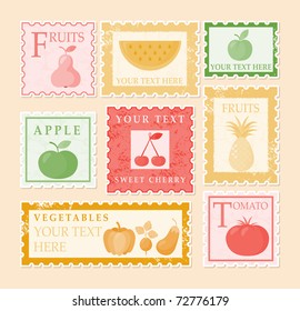 Vintage stamps. Fruits & vegetables illustration.