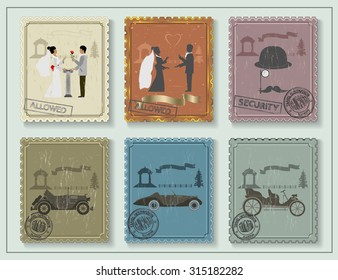 vintage stamps for your postcards on a green background
vintage stamps depicting the car and a young couple on a green background.
