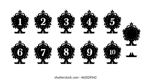Vintage stand on the table with figures- die cut pattern. Cutout silhouette panel. Fretwork oriental background. Laser cut pattern background vector.Vector ornate ornamental panel.wood/Paper cutting