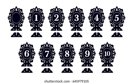 Vintage stand on the table with figures- cut pattern. Cutout silhouette panel. Fretwork oriental background. Laser cut pattern background vector.Vector ornate ornamental panel.wood/Paper cutting
