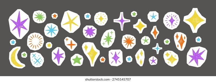 Vintage star collage featuring cute retro illustrations, hand-drawn celestial elements, paper cutouts and doodle sketches for creative scrapbooking. Color vector illustration.