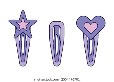 Vintage Star and Heart Hair Clips on white background. Retro illustration with outline in 90s style. Isolated vector illustration.