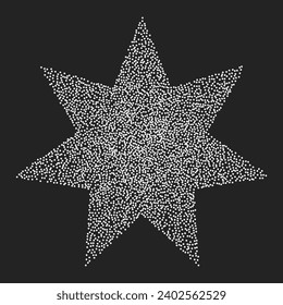 Vintage star with seven rays of white dots on a dark background. Vector halftone element, noisy textured geometric shape in stipplism style