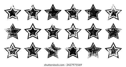 Vintage stars with cracks and stains. Old hand-drawn sign, black simple shape. Retro design element with distressed effect, grunge texture. Vector illustration