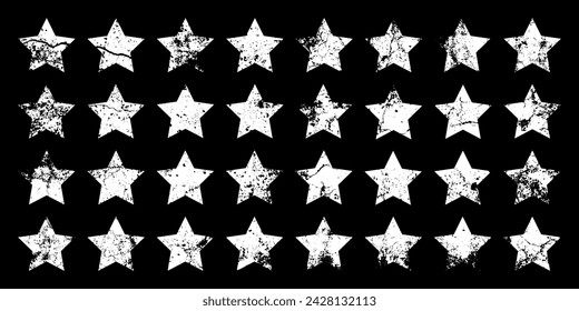 Estrellas vintage con grietas y manchas. Viejo signo dibujado a mano, forma simple blanca. Elemento de diseño retro con efecto angustiado, textura grunge. Ilustración de vector