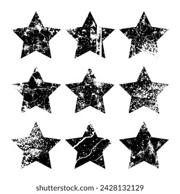 Vintage stars with cracks and stains. Old hand-drawn sign, black simple shape. Retro design element with distressed effect, grunge texture. Vector illustration